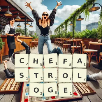 Kreative Illustration für ein Scrabble-Spiel, bei dem das Wort CHEFASTROLOGE mit Steinen auf dem Brett gelegt wurde.