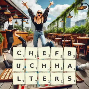 Kreative Illustration für ein Scrabble-Spiel, bei dem das Wort CHEFBUCHHALTERS mit Steinen auf dem Brett gelegt wurde.
