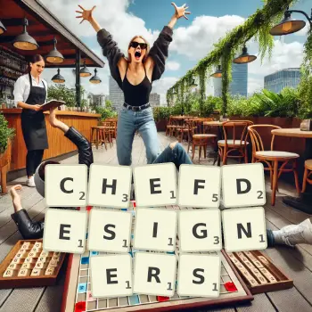 Kreative Illustration für ein Scrabble-Spiel, bei dem das Wort CHEFDESIGNERS mit Steinen auf dem Brett gelegt wurde.