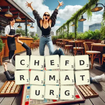 Kreative Illustration für ein Scrabble-Spiel, bei dem das Wort CHEFDRAMATURG mit Steinen auf dem Brett gelegt wurde.