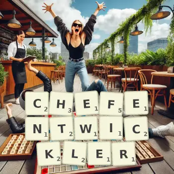 Kreative Illustration für ein Scrabble-Spiel, bei dem das Wort CHEFENTWICKLER mit Steinen auf dem Brett gelegt wurde.