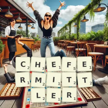 Kreative Illustration für ein Scrabble-Spiel, bei dem das Wort CHEFERMITTLER mit Steinen auf dem Brett gelegt wurde.