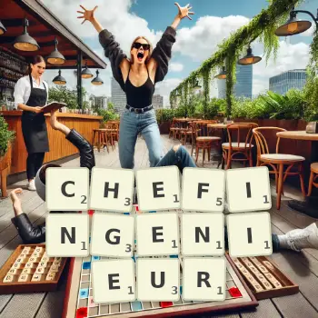 Kreative Illustration für ein Scrabble-Spiel, bei dem das Wort CHEFINGENIEUR mit Steinen auf dem Brett gelegt wurde.