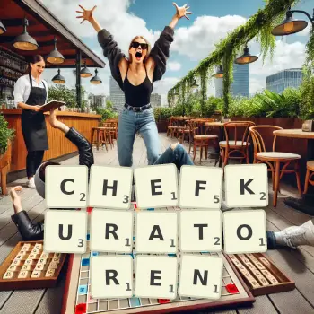 Kreative Illustration für ein Scrabble-Spiel, bei dem das Wort CHEFKURATOREN mit Steinen auf dem Brett gelegt wurde.