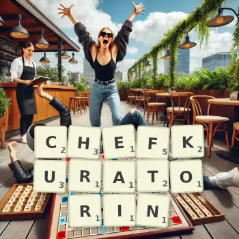 Kreative Illustration für ein Scrabble-Spiel, bei dem das Wort CHEFKURATORIN mit Steinen auf dem Brett gelegt wurde.