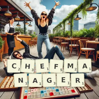 Kreative Illustration für ein Scrabble-Spiel, bei dem das Wort CHEFMANAGER mit Steinen auf dem Brett gelegt wurde.