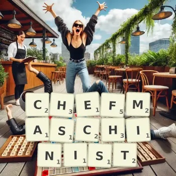 Kreative Illustration für ein Scrabble-Spiel, bei dem das Wort CHEFMASCHINIST mit Steinen auf dem Brett gelegt wurde.