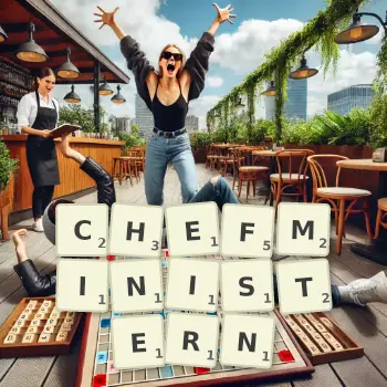 Kreative Illustration für ein Scrabble-Spiel, bei dem das Wort CHEFMINISTERN mit Steinen auf dem Brett gelegt wurde.