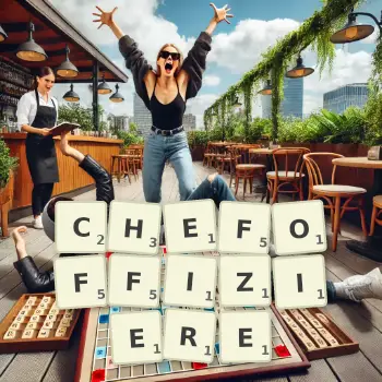 Kreative Illustration für ein Scrabble-Spiel, bei dem das Wort CHEFOFFIZIERE mit Steinen auf dem Brett gelegt wurde.