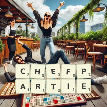 Kreative Illustration für ein Scrabble-Spiel, bei dem das Wort CHEFPARTIE mit Steinen auf dem Brett gelegt wurde.