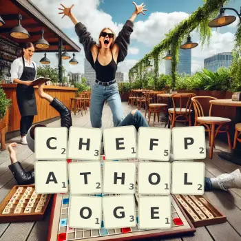 Kreative Illustration für ein Scrabble-Spiel, bei dem das Wort CHEFPATHOLOGE mit Steinen auf dem Brett gelegt wurde.