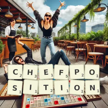 Kreative Illustration für ein Scrabble-Spiel, bei dem das Wort CHEFPOSITION mit Steinen auf dem Brett gelegt wurde.