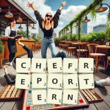 Kreative Illustration für ein Scrabble-Spiel, bei dem das Wort CHEFREPORTERN mit Steinen auf dem Brett gelegt wurde.