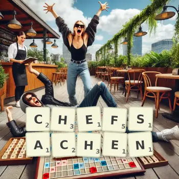Kreative Illustration für ein Scrabble-Spiel, bei dem das Wort CHEFSACHEN mit Steinen auf dem Brett gelegt wurde.