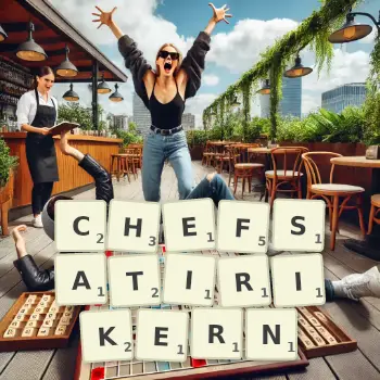 Kreative Illustration für ein Scrabble-Spiel, bei dem das Wort CHEFSATIRIKERN mit Steinen auf dem Brett gelegt wurde.