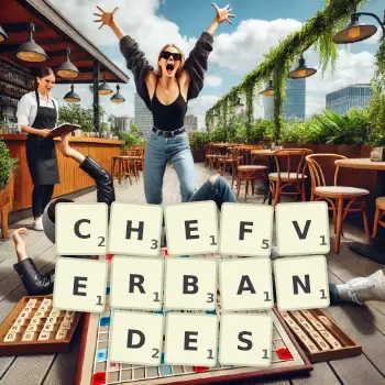 Kreative Illustration für ein Scrabble-Spiel, bei dem das Wort CHEFVERBANDES mit Steinen auf dem Brett gelegt wurde.