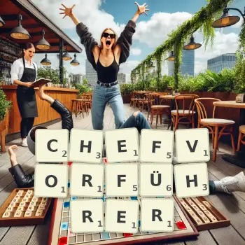 Kreative Illustration für ein Scrabble-Spiel, bei dem das Wort CHEFVORFÜHRER mit Steinen auf dem Brett gelegt wurde.