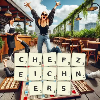 Kreative Illustration für ein Scrabble-Spiel, bei dem das Wort CHEFZEICHNERS mit Steinen auf dem Brett gelegt wurde.