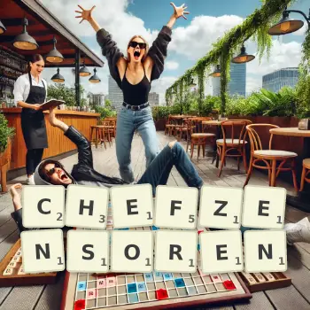 Kreative Illustration für ein Scrabble-Spiel, bei dem das Wort CHEFZENSOREN mit Steinen auf dem Brett gelegt wurde.