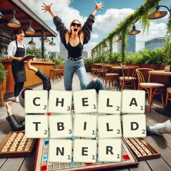 Kreative Illustration für ein Scrabble-Spiel, bei dem das Wort CHELATBILDNER mit Steinen auf dem Brett gelegt wurde.