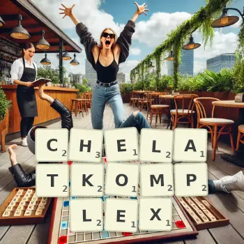 Kreative Illustration für ein Scrabble-Spiel, bei dem das Wort CHELATKOMPLEX mit Steinen auf dem Brett gelegt wurde.