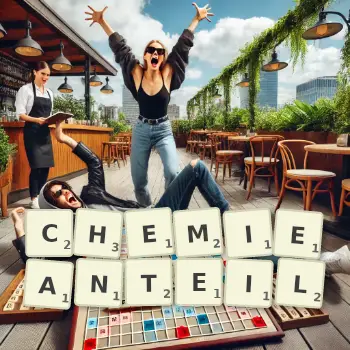 Kreative Illustration für ein Scrabble-Spiel, bei dem das Wort CHEMIEANTEIL mit Steinen auf dem Brett gelegt wurde.