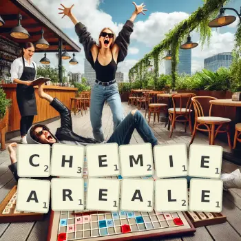 Kreative Illustration für ein Scrabble-Spiel, bei dem das Wort CHEMIEAREALE mit Steinen auf dem Brett gelegt wurde.