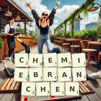 Kreative Illustration für ein Scrabble-Spiel, bei dem das Wort CHEMIEBRANCHEN mit Steinen auf dem Brett gelegt wurde.