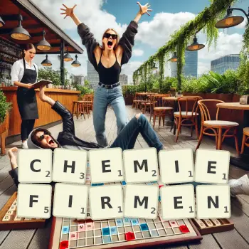 Kreative Illustration für ein Scrabble-Spiel, bei dem das Wort CHEMIEFIRMEN mit Steinen auf dem Brett gelegt wurde.