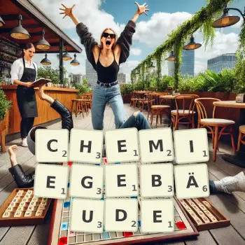 Kreative Illustration für ein Scrabble-Spiel, bei dem das Wort CHEMIEGEBÄUDE mit Steinen auf dem Brett gelegt wurde.