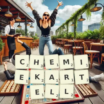 Kreative Illustration für ein Scrabble-Spiel, bei dem das Wort CHEMIEKARTELL mit Steinen auf dem Brett gelegt wurde.