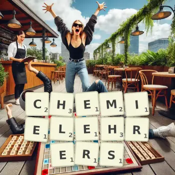 Kreative Illustration für ein Scrabble-Spiel, bei dem das Wort CHEMIELEHRERS mit Steinen auf dem Brett gelegt wurde.