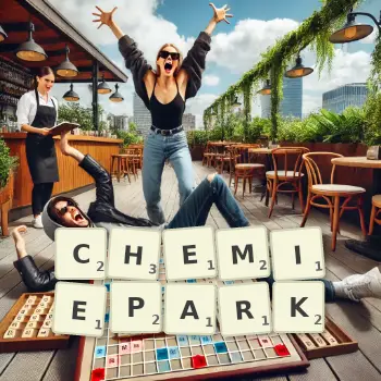 Kreative Illustration für ein Scrabble-Spiel, bei dem das Wort CHEMIEPARK mit Steinen auf dem Brett gelegt wurde.