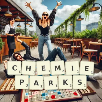 Kreative Illustration für ein Scrabble-Spiel, bei dem das Wort CHEMIEPARKS mit Steinen auf dem Brett gelegt wurde.