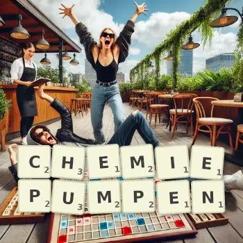 Kreative Illustration für ein Scrabble-Spiel, bei dem das Wort CHEMIEPUMPEN mit Steinen auf dem Brett gelegt wurde.