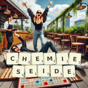 Kreative Illustration für ein Scrabble-Spiel, bei dem das Wort CHEMIESEIDE mit Steinen auf dem Brett gelegt wurde.