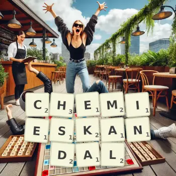 Kreative Illustration für ein Scrabble-Spiel, bei dem das Wort CHEMIESKANDAL mit Steinen auf dem Brett gelegt wurde.