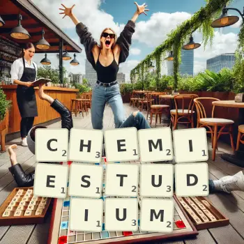 Kreative Illustration für ein Scrabble-Spiel, bei dem das Wort CHEMIESTUDIUM mit Steinen auf dem Brett gelegt wurde.