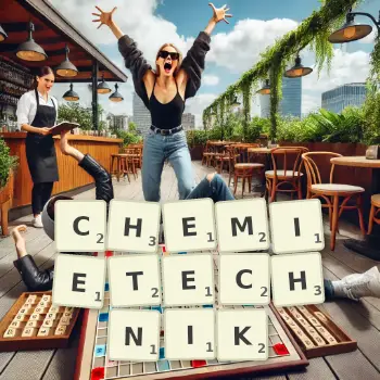 Kreative Illustration für ein Scrabble-Spiel, bei dem das Wort CHEMIETECHNIK mit Steinen auf dem Brett gelegt wurde.