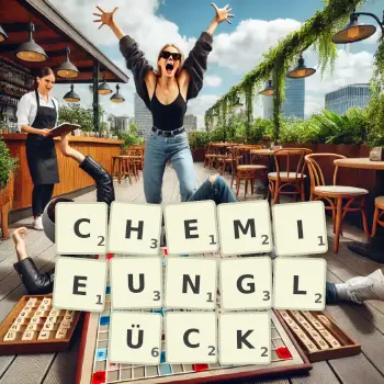 Kreative Illustration für ein Scrabble-Spiel, bei dem das Wort CHEMIEUNGLÜCK mit Steinen auf dem Brett gelegt wurde.