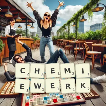 Kreative Illustration für ein Scrabble-Spiel, bei dem das Wort CHEMIEWERK mit Steinen auf dem Brett gelegt wurde.
