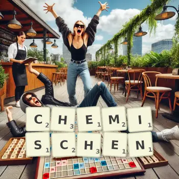 Kreative Illustration für ein Scrabble-Spiel, bei dem das Wort CHEMISCHEN mit Steinen auf dem Brett gelegt wurde.