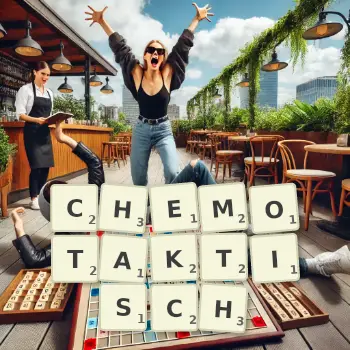 Kreative Illustration für ein Scrabble-Spiel, bei dem das Wort CHEMOTAKTISCH mit Steinen auf dem Brett gelegt wurde.