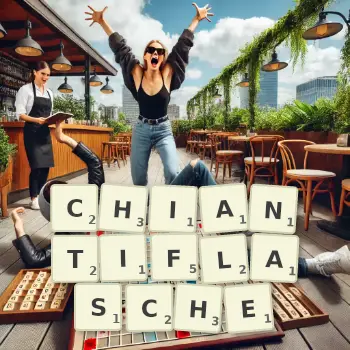 Kreative Illustration für ein Scrabble-Spiel, bei dem das Wort CHIANTIFLASCHE mit Steinen auf dem Brett gelegt wurde.