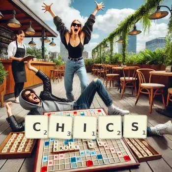 Kreative Illustration für ein Scrabble-Spiel, bei dem das Wort CHICS mit Steinen auf dem Brett gelegt wurde.