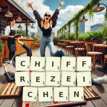 Kreative Illustration für ein Scrabble-Spiel, bei dem das Wort CHIFFREZEICHEN mit Steinen auf dem Brett gelegt wurde.
