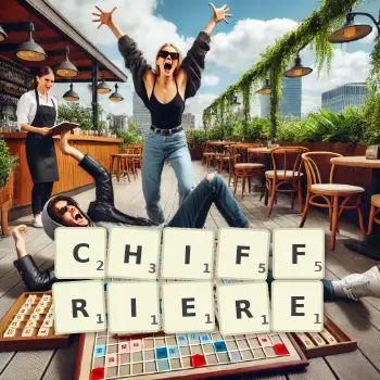 Kreative Illustration für ein Scrabble-Spiel, bei dem das Wort CHIFFRIERE mit Steinen auf dem Brett gelegt wurde.
