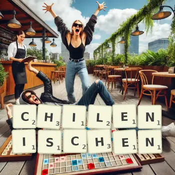 Kreative Illustration für ein Scrabble-Spiel, bei dem das Wort CHILENISCHEN mit Steinen auf dem Brett gelegt wurde.