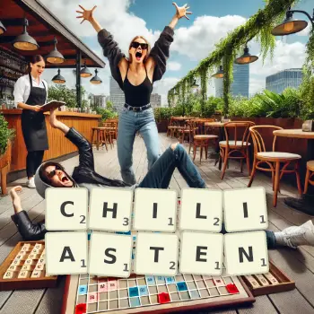 Kreative Illustration für ein Scrabble-Spiel, bei dem das Wort CHILIASTEN mit Steinen auf dem Brett gelegt wurde.