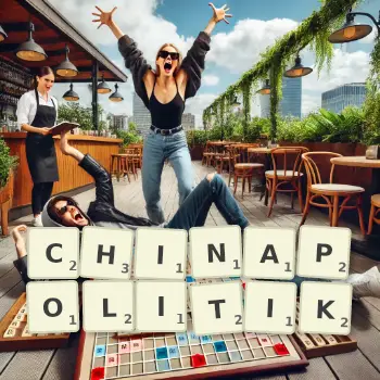 Kreative Illustration für ein Scrabble-Spiel, bei dem das Wort CHINAPOLITIK mit Steinen auf dem Brett gelegt wurde.